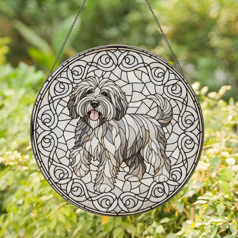 Dog Lovers' Luminous Old English Sheepdog Stained Glass Mosaic Art White Grey Pink Amber Stained Glass Suncatcher - 1