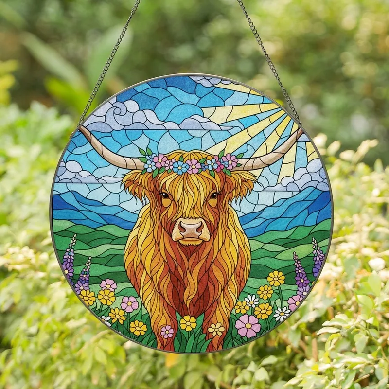 Nature Lovers' Intricate Stained Glass Highland Cow Golden Fur Floral Wreath Radiant Sun Wildflower Mosaic Stained Glass Suncatcher - mlL1UTx1Lh