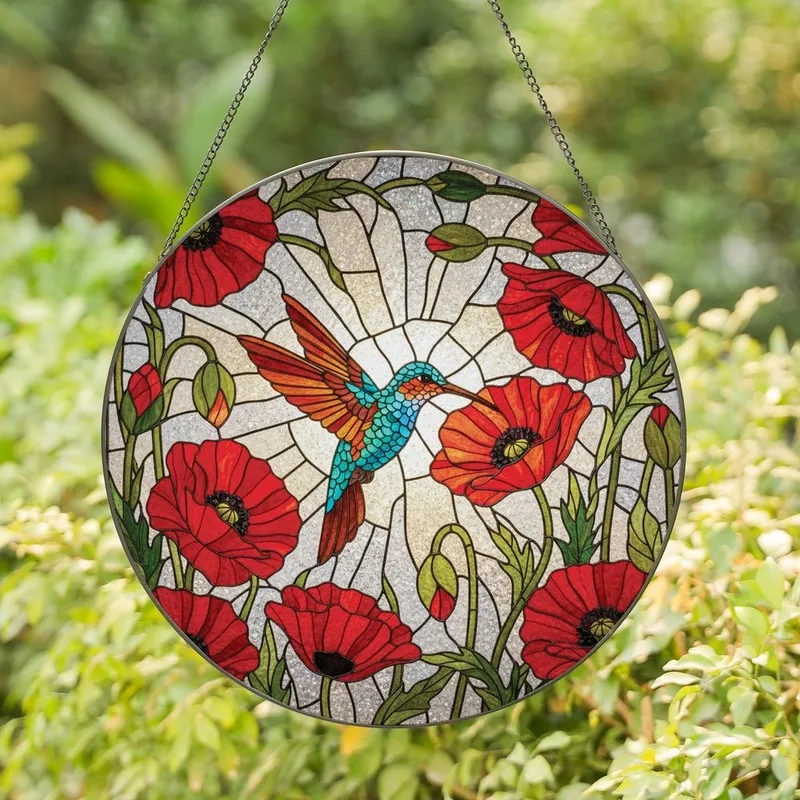 Art Enthusiasts' Tiffany Style Stained Glass Hummingbird Red Poppy Mosaic Jewel Tones Stained Glass Suncatcher - 7v5C6KAhKL