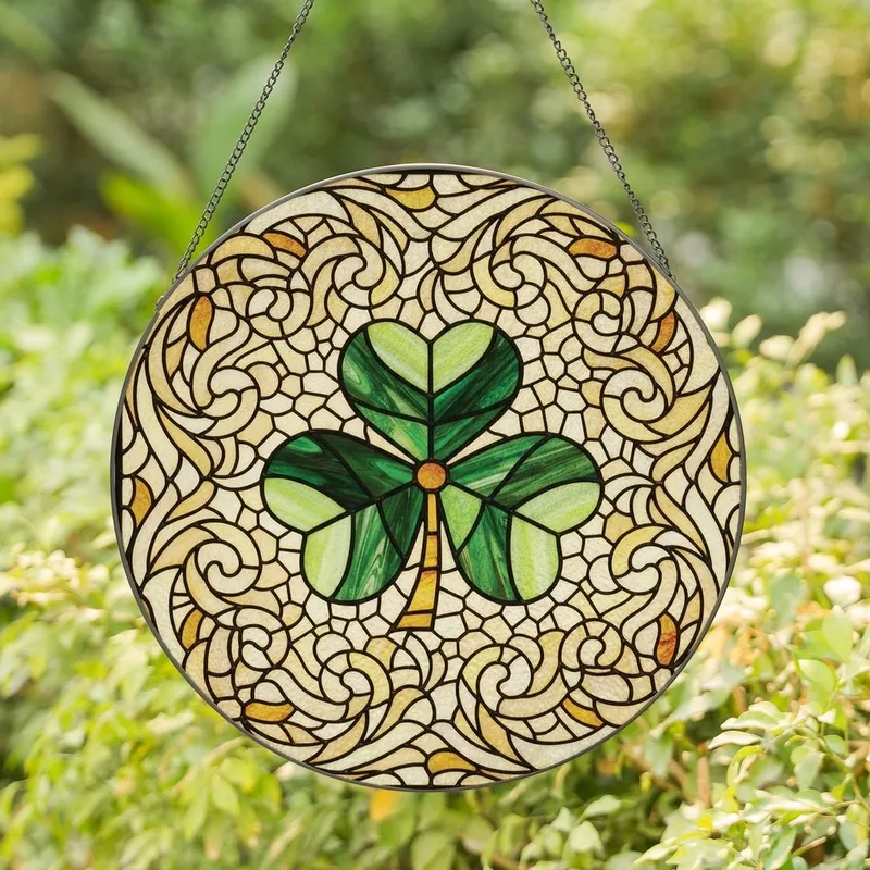 Art Nouveau Fans' Emerald Shamrock Tiffany Stained Glass Intricate Organic Floral Mosaic Pattern Stained Glass Suncatcher - 1