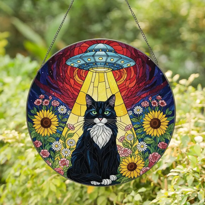 Cat Lovers' Tiffany Stained Glass Black Cat UFO Glowing Green Eyes Cosmic Floral Art Stained Glass Suncatcher - 1