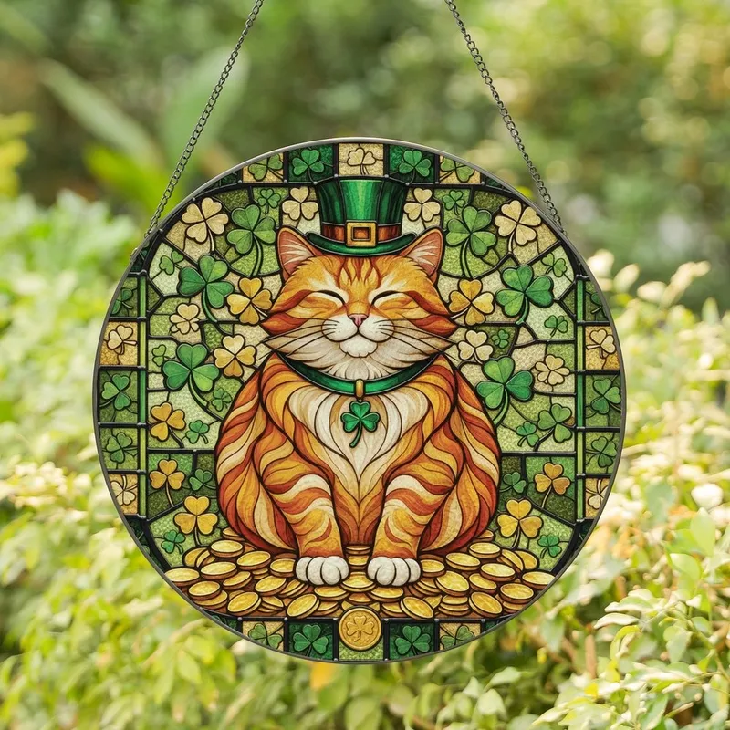 Cat Lovers' Tiffany Style Stained Glass Ginger Cat Leprechaun Hat Gold Shamrock Mosaic Stained Glass Suncatcher - 1