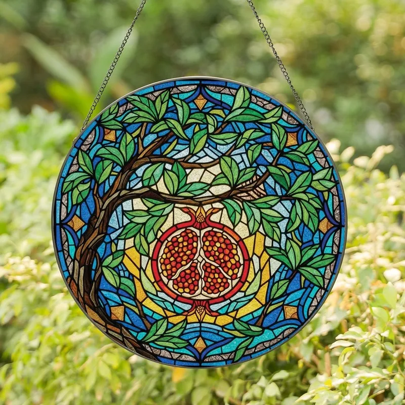 Art Lovers' Radiant Tiffany Stained Glass Pomegranate Tree Branch Jewel Tone Mosaic Pattern Stained Glass Suncatcher - 1