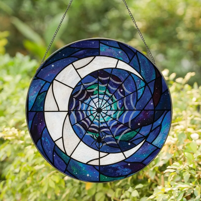 Celestial Art Lovers' Glowing Pearlescent Silver Crescent Moon Spider Web Stained Glass Night Sky Mosaic Stained Glass Suncatcher - 1