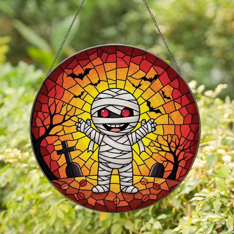 Halloween Enthusiasts' Vibrant Jewel Tone Stained Glass Chibi Mummy & Bat Autumnal Sky Mosaic Stained Glass Suncatcher - 1