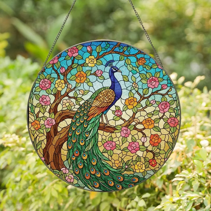 Artisan Style Enthusiasts' Tiffany Stained Glass Peacock Floral Garden Jewel Tone Pattern Stained Glass Suncatcher - 1