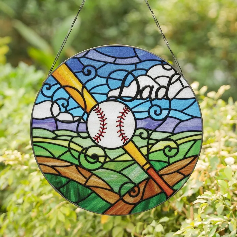 Baseball Dads' Tiffany Style Stained Glass Baseball Bat Dad Script White Red Amber Yellow-Orange Vibrant Geometric Pattern Stained Glass Suncatcher - 1