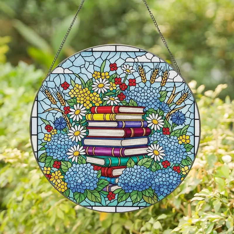 Book Lovers' Red Yellow Blue Green Stained Glass Book Stack Wildflowers Tiffany Style Art Stained Glass Suncatcher - 1