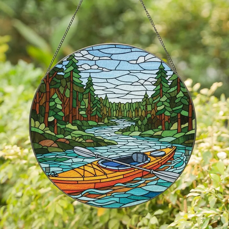 Outdoor Enthusiasts' Vibrant Tiffany Stained Glass Kayak Art, Azure Orange Jewel Tone Nature Mosaic Stained Glass Suncatcher - 1