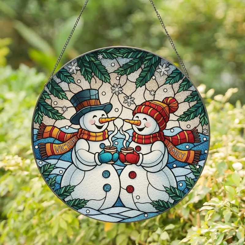 Couples' Cheerful Tiffany Stained Glass Snowmen Victor Emily Winter Wonderland Jewel Tones Stained Glass Suncatcher - 1