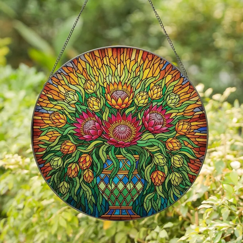 Floral Art Lovers' Radiant Protea Bouquet Tiffany Stained Glass Floral Mosaic Jewel Tones Red Pink Green Stained Glass Suncatcher - 1
