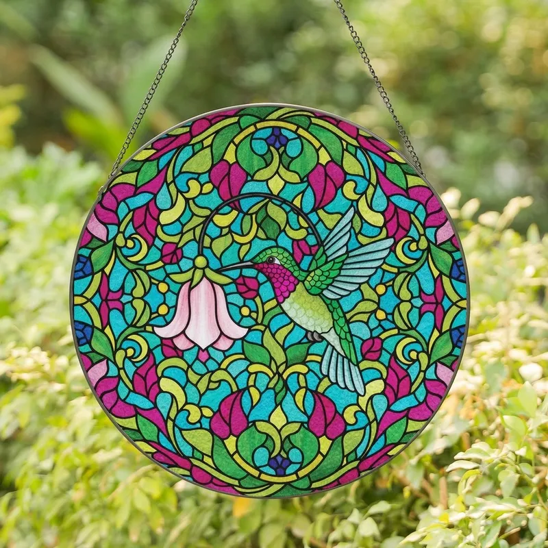Nature Lovers' Tiffany Style Hummingbird Emerald Green Aqua Magenta Pink Intricate Floral Mosaic Stained Glass Suncatcher - 1