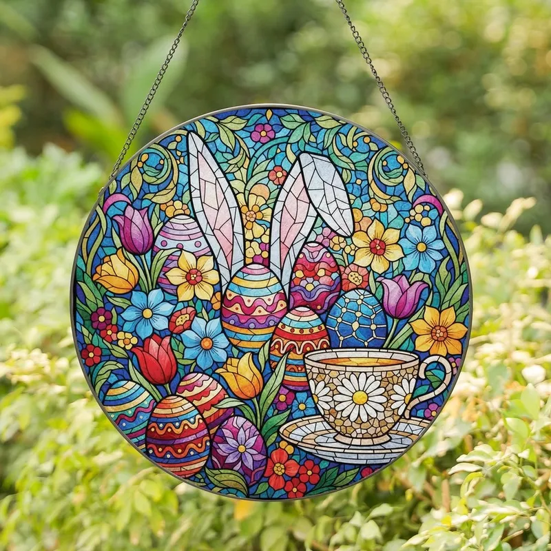 Easter Lovers' Intricate Jewel-Tone Tiffany Stained Glass Rabbit, Eggs, Flowers, Daisy Teacup Art Stained Glass Suncatcher - 1