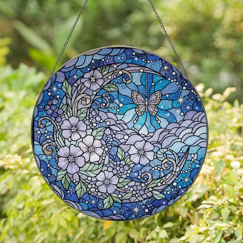 Celestial Dreamers' Intricate Stained Glass Crescent Moon Floral Butterfly Azure Sapphire Violet Design Stained Glass Suncatcher - 1