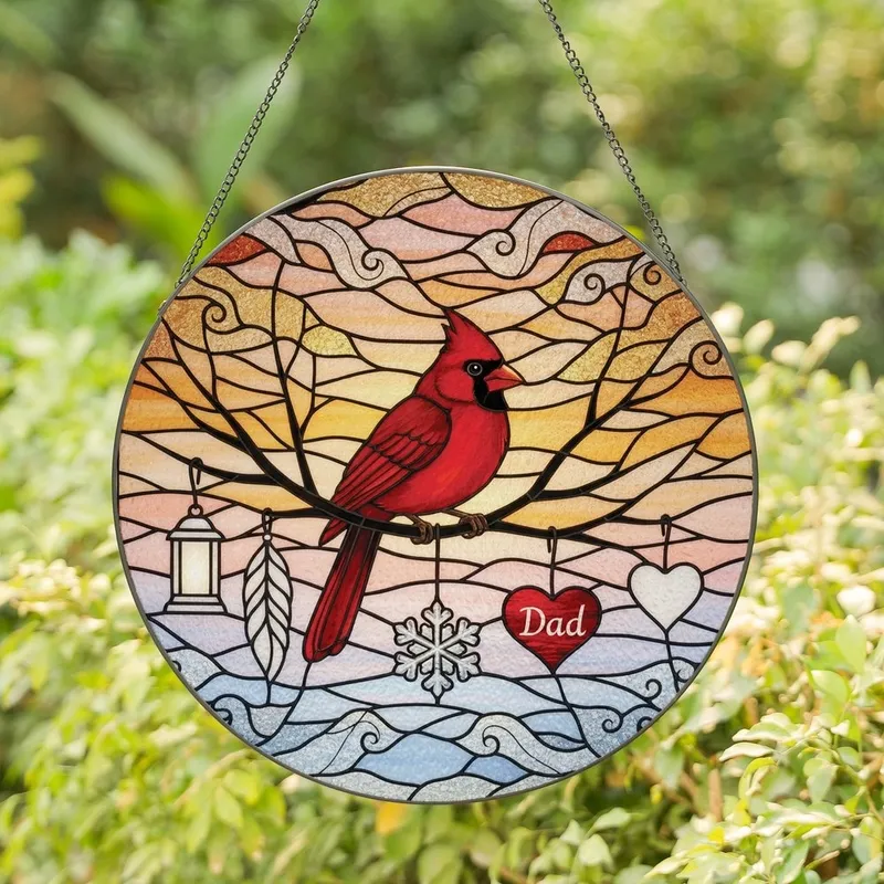 Nature Lovers Glowing Red Cardinal Stained Glass Mosaic Winter Sky Art with Dad Heart Charm Stained Glass Suncatcher - m0bqu8165a