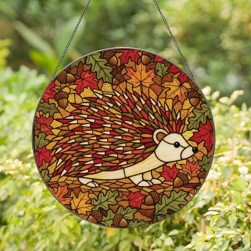 Nature Lovers' Vibrant Stained Glass Hedgehog Autumnal Jewel Tone Forest Mosaic Stained Glass Suncatcher - 1