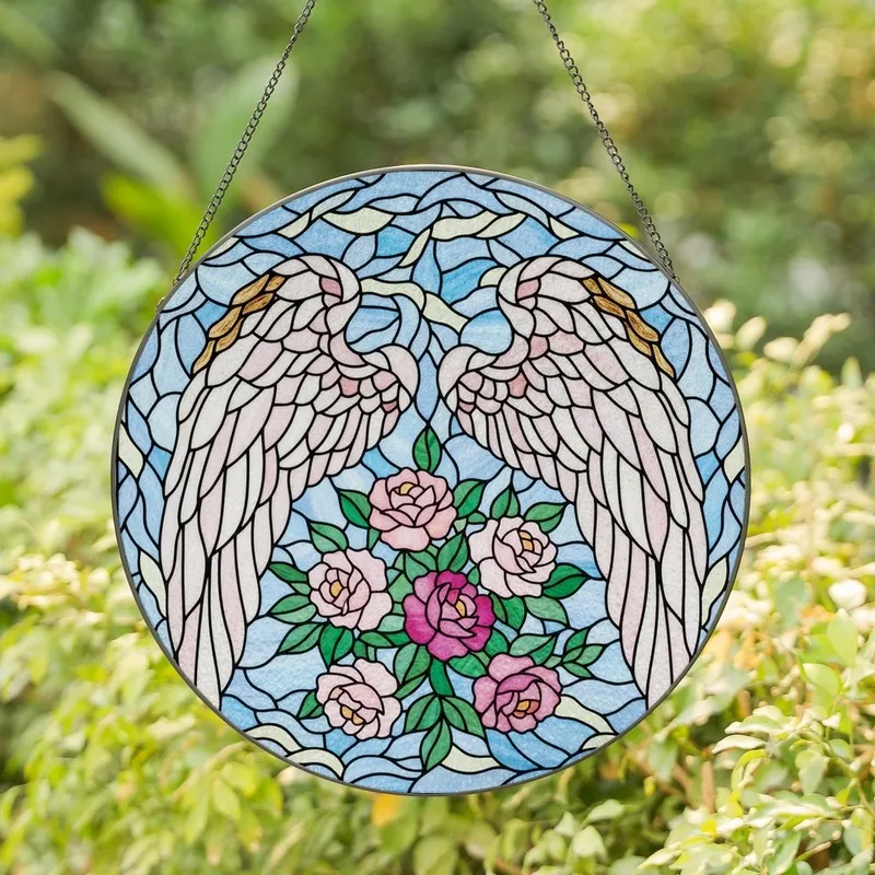 Women's Tiffany Stained Glass Angel Wings Golden Trim, Pink Fuchsia Roses, Emerald Leaves, Ethereal Sky Mosaic Stained Glass Suncatcher - 1