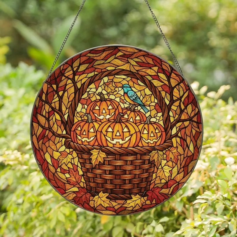 Autumn Enthusiasts' Tiffany Stained Glass Jack-o'-lantern Basket with Teal Bird & Vibrant Fall Leaves Mosaic Stained Glass Suncatcher - xNEQF-QS1s