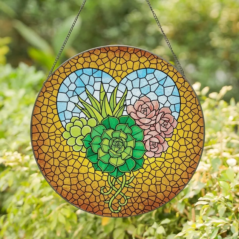 Succulent & Art Lovers' Tiffany Stained Glass Heart Emerald Green & Pink Succulents Golden Earth Sky Mosaic Stained Glass Suncatcher - 1