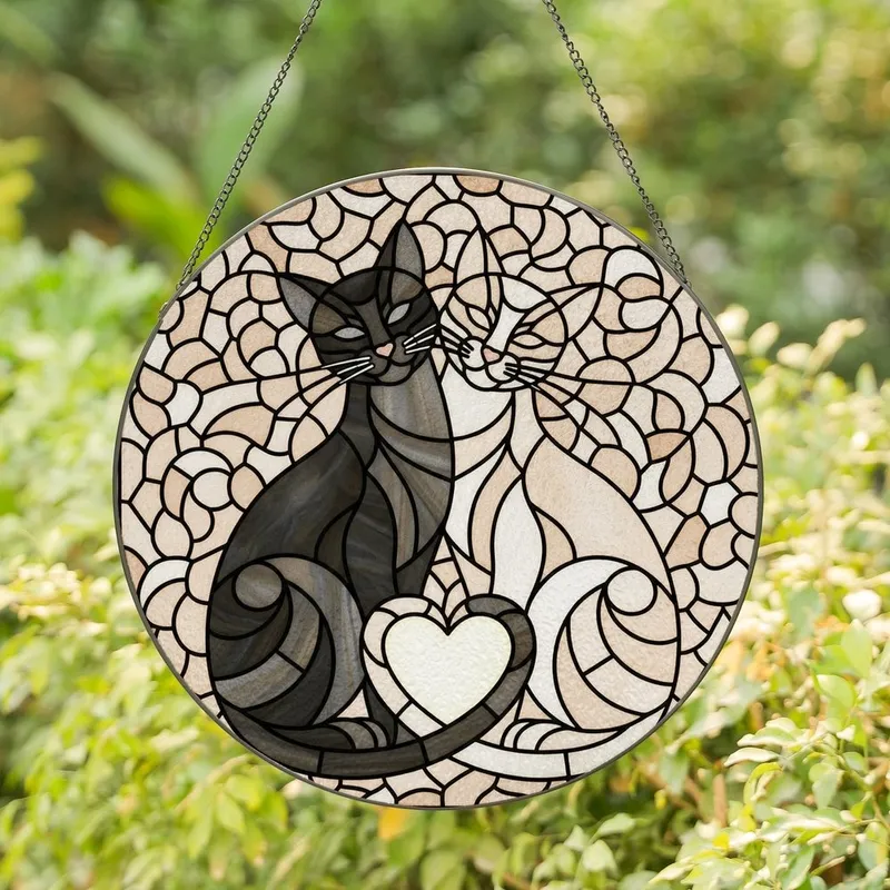 Cat Lovers' Intricate Stained Glass Feline Embrace Heart Tails Black Grey Beige Mosaic Pattern Stained Glass Suncatcher - tq0o8t3luw
