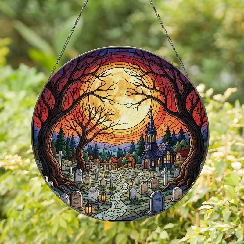 Art Lovers' Dramatic Tiffany Stained Glass Graveyard Full Moon Gothic Church Twilight Scene Stained Glass Suncatcher - 1