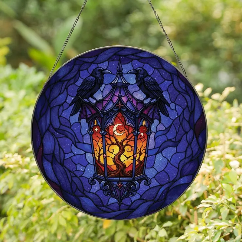 Gothic Art Enthusiasts' Intricate Stained Glass Raven Lantern Starry Night Jewel Tones Stained Glass Suncatcher - 1