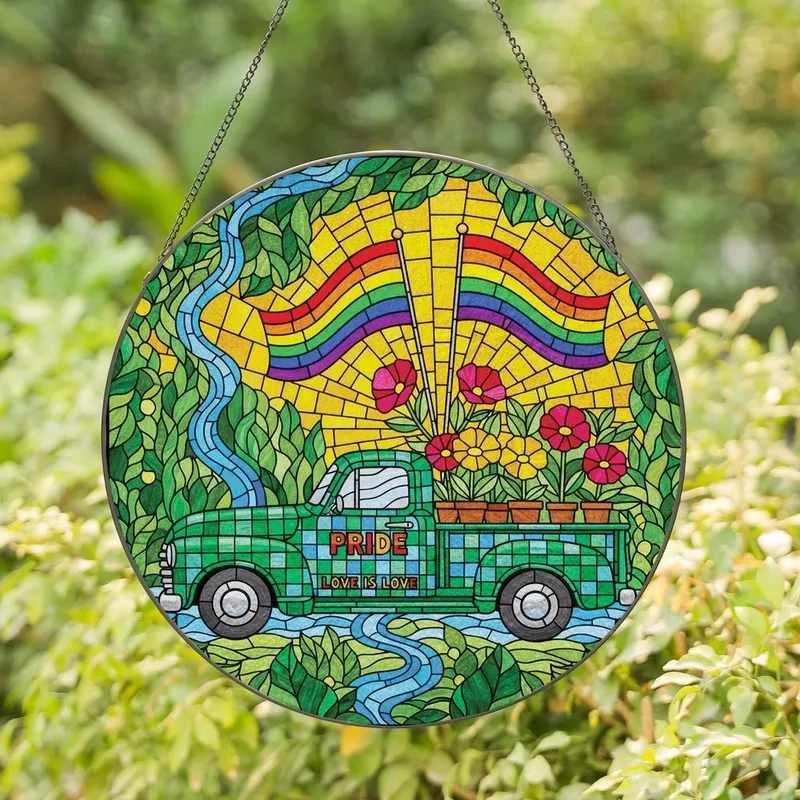 Art & Nature Lovers' Vibrant Tiffany Style Stained Glass Vintage Truck with Rainbow Flags & Jewel Tones Stained Glass Suncatcher - 1