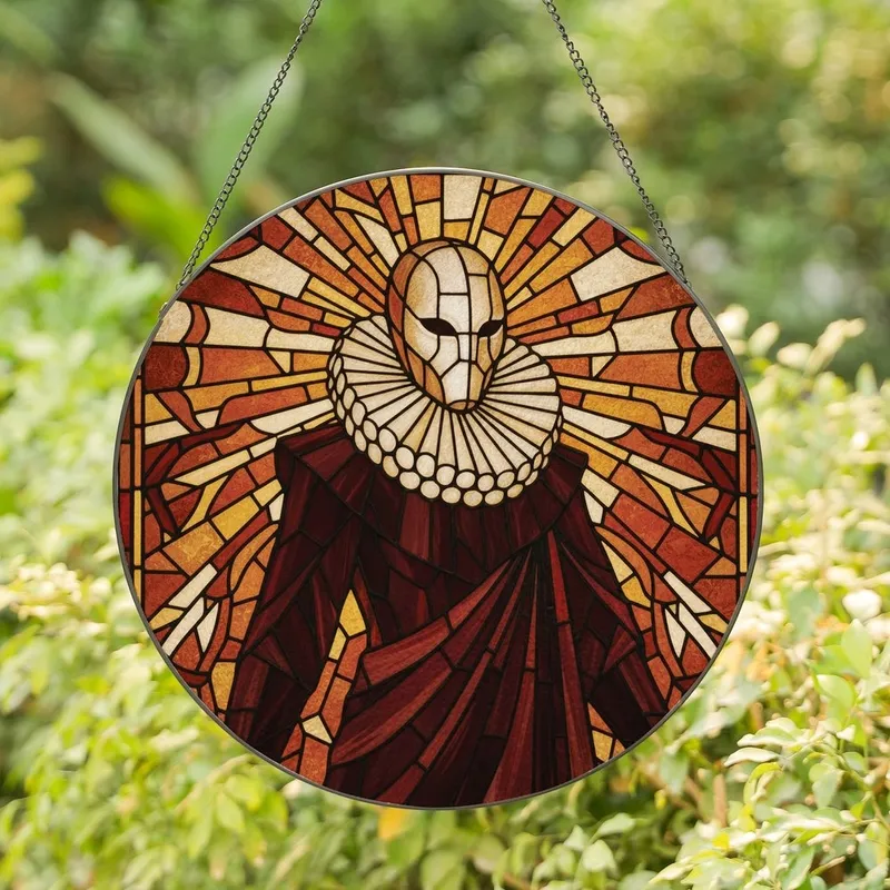 Gothic Art Lovers' Stained Glass Masked Figure Pale Ruffle Jewel Tone Mosaic Stained Glass Suncatcher - 1