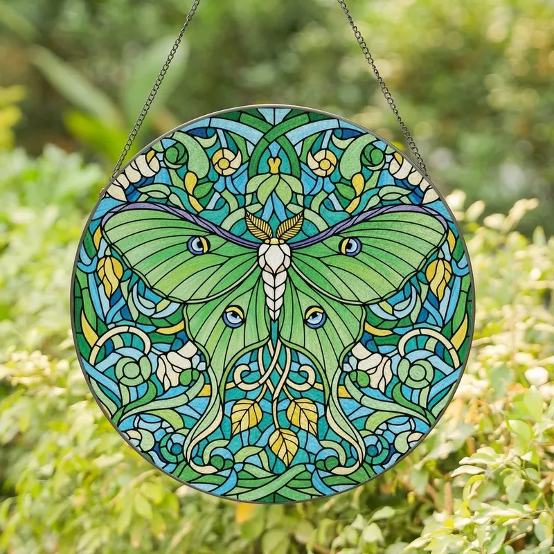 Nature Lovers' Tiffany Stained Glass Luna Moth Chartreuse Green Wings Emerald Aqua Mosaic Stained Glass Suncatcher - 1