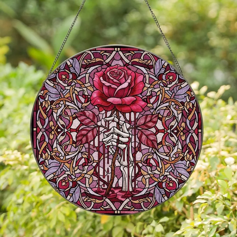 Gothic Art Lovers' Tiffany-Inspired Skeletal Hand Dripping Crimson Rose Stained Glass Mosaic Lilac Plum Stained Glass Suncatcher - 1