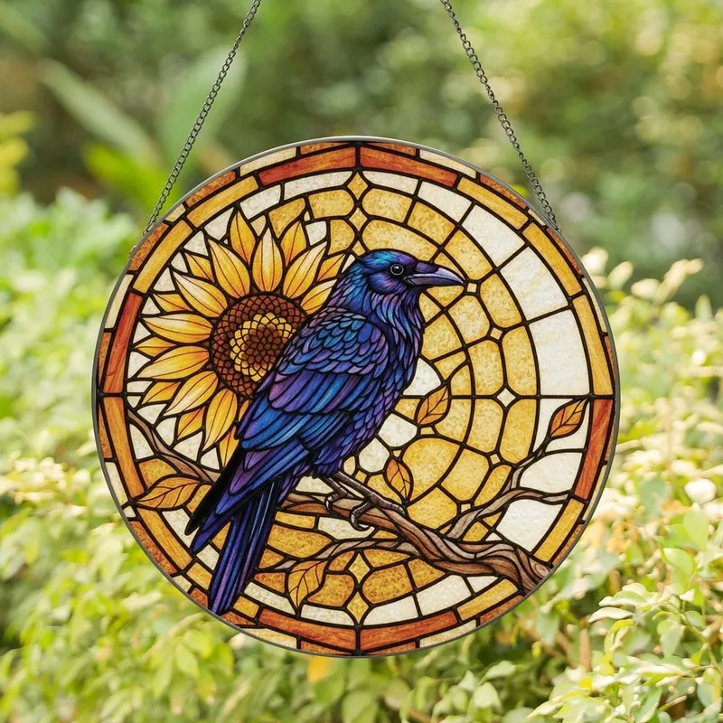 Art Enthusiasts' Tiffany Style Iridescent Crow Celestial Sunflower Stained Glass Mosaic Stained Glass Suncatcher - 62FVQajvjM