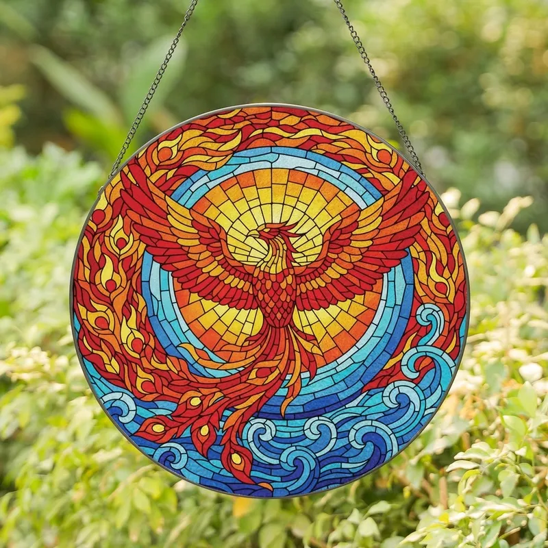Mythical Art Lovers' Tiffany Style Stained Glass Phoenix Soaring Fiery Red & Aqua Blue Moon Stained Glass Suncatcher - 1