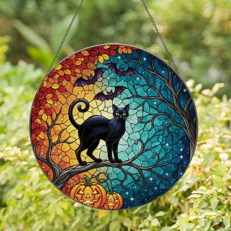 Autumn Art Lovers Tiffany Style Black Cat Teal Orange Autumn Night Sky Stained Glass Suncatcher - 1