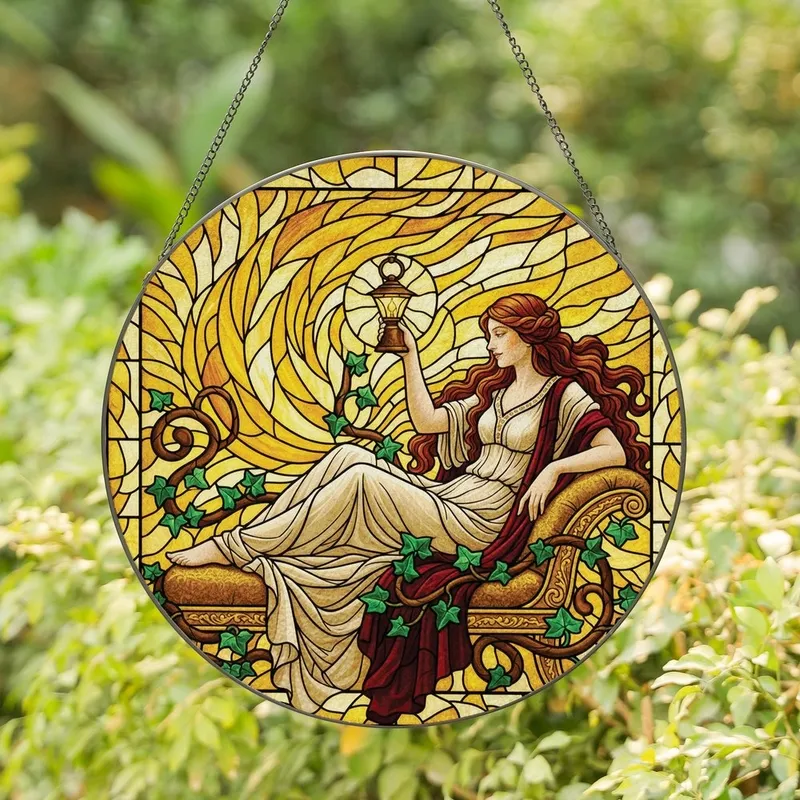 Art Lovers' Tiffany Stained Glass Serene Woman Pensive Lantern Emerald Ivy Maroon Gown Warm Mosaic Stained Glass Suncatcher - LKC1aPSuST