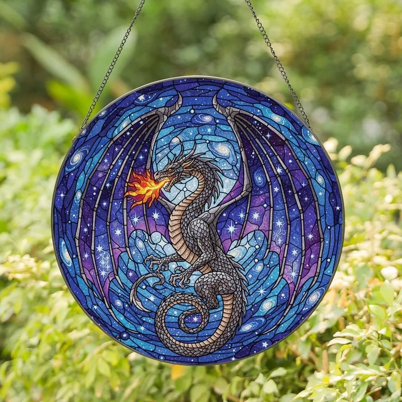 Dragon Enthusiasts' Tiffany Stained Glass Dragon Cosmic Nebula Art in Deep Blue & Fiery Orange Stained Glass Suncatcher - 1