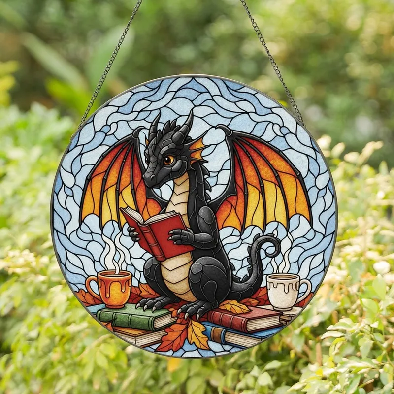 Fantasy Book Lovers' Jewel Tone Stained Glass Dragon Reading, Fiery Wings, Autumn Leaves Mosaic Stained Glass Suncatcher - 1