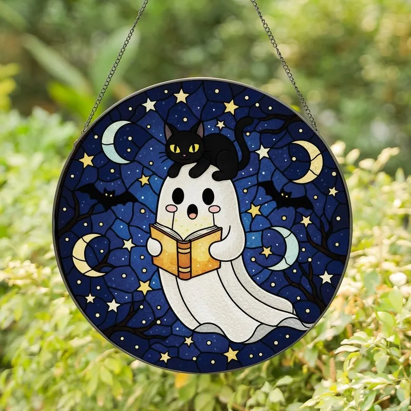 Fantasy Art Lovers' Tiffany Stained Glass Ghost with Black Cat, Starry Night Mosaic, Jewel Tones Stained Glass Suncatcher - 1