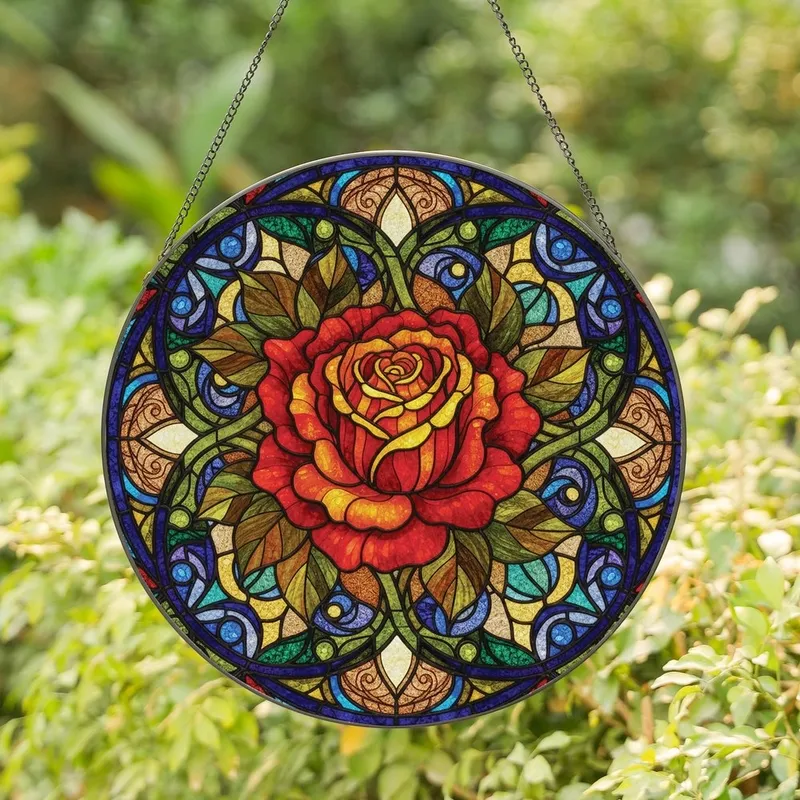 Nature Lovers' Tiffany Stained Glass Rose Mosaic Intricate Floral Geometric Pattern Vibrant Jewel Tones Stained Glass Suncatcher - 1