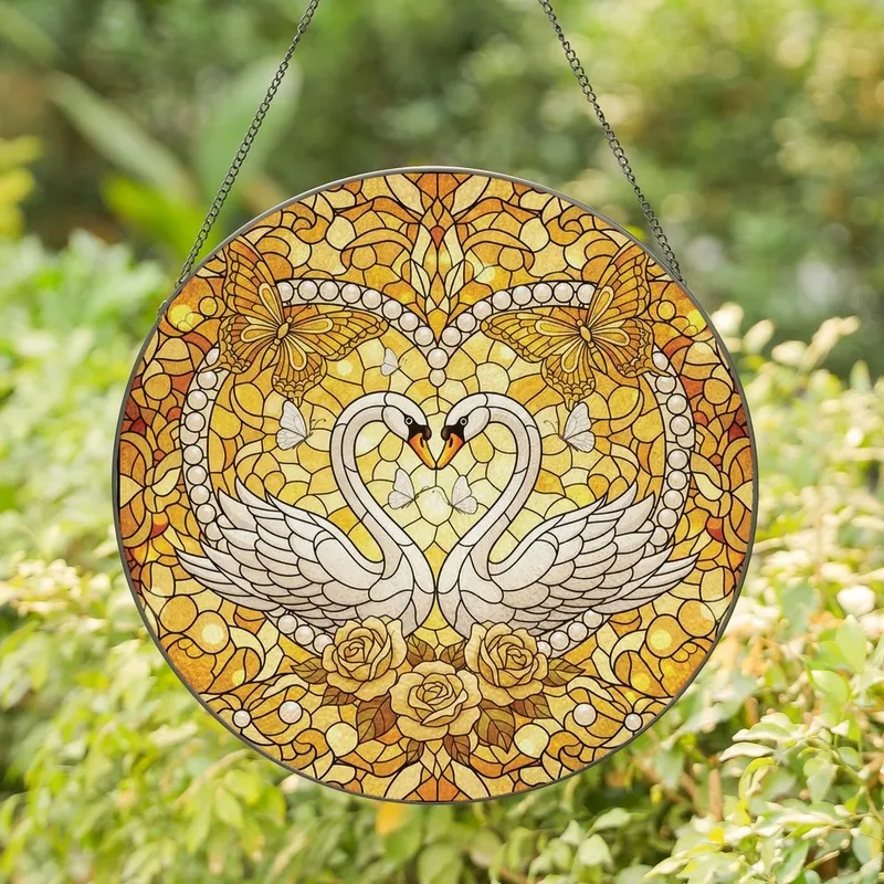 Art Lovers' Luminous Gold Amber Tiffany Stained Glass Swans Heart Butterfly Rose Motif Stained Glass Suncatcher - 7GXJ179iz-