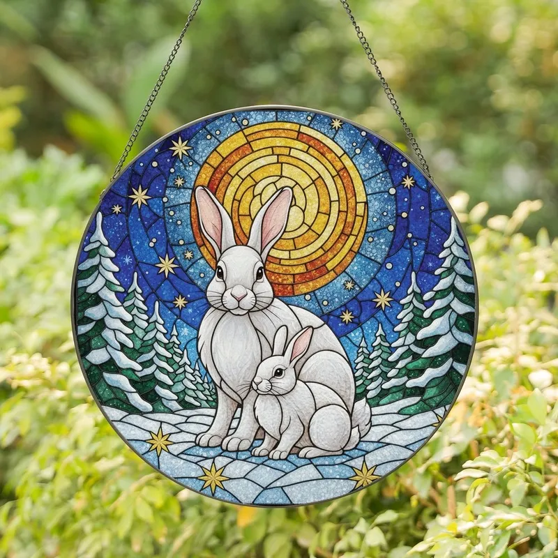 Rabbit Lovers' Intricate Stained Glass Rabbits Golden Moon Sapphire Blue Winter Mosaic Stained Glass Suncatcher - 4SYidZnzzo