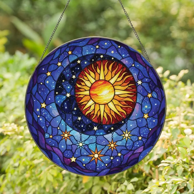 Celestial Art Lovers' Tiffany Stained Glass Sun Moon Stars Jewel Tone Cosmic Pattern Stained Glass Suncatcher - 1