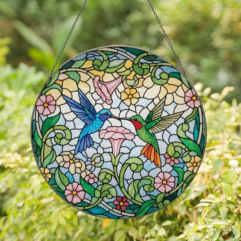 Nature Lovers' Intricate Stained Glass Hummingbird Floral Emerald Blue Pink Swirling Lead Lines Stained Glass Suncatcher - 1