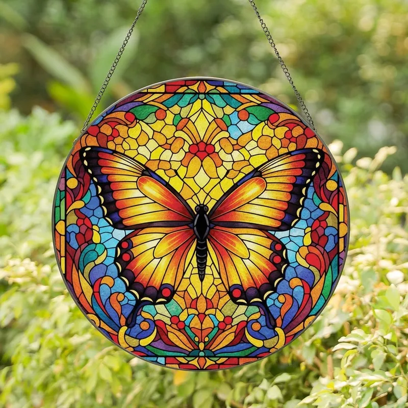 Art Lovers' Opulent Stained Glass Butterfly, Vibrant Jewel Tone Floral Mosaic Sky Pattern Stained Glass Suncatcher - 1