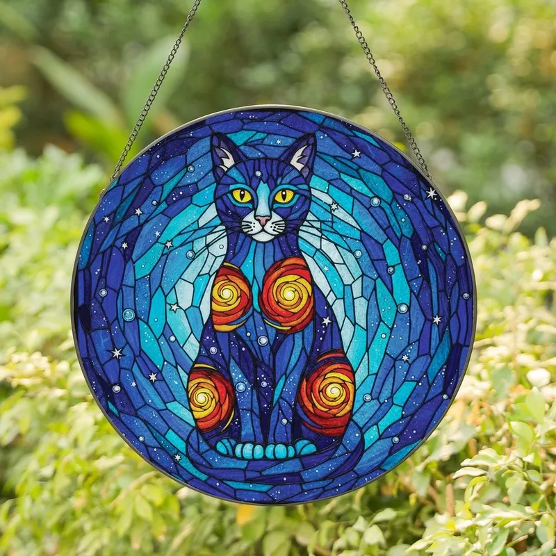 Cat Lovers' Vibrant Tiffany Stained Glass Cosmic Cat Blue Indigo Yellow Orange Art Stained Glass Suncatcher - 1