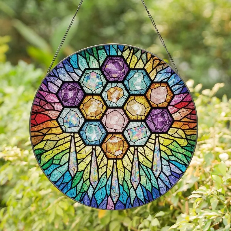 Art Lovers' Intricate Tiffany Stained Glass Gemstone Honeycomb Prism Rainbow Design Stained Glass Suncatcher - 1
