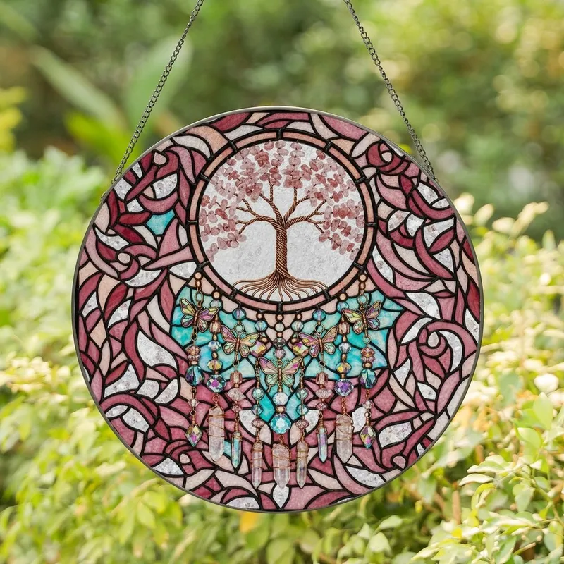 Art Lovers' Tiffany Glass Tree of Life with Rose Pink Gemstone Foliage & Iridescent Beads Stained Glass Suncatcher - 1