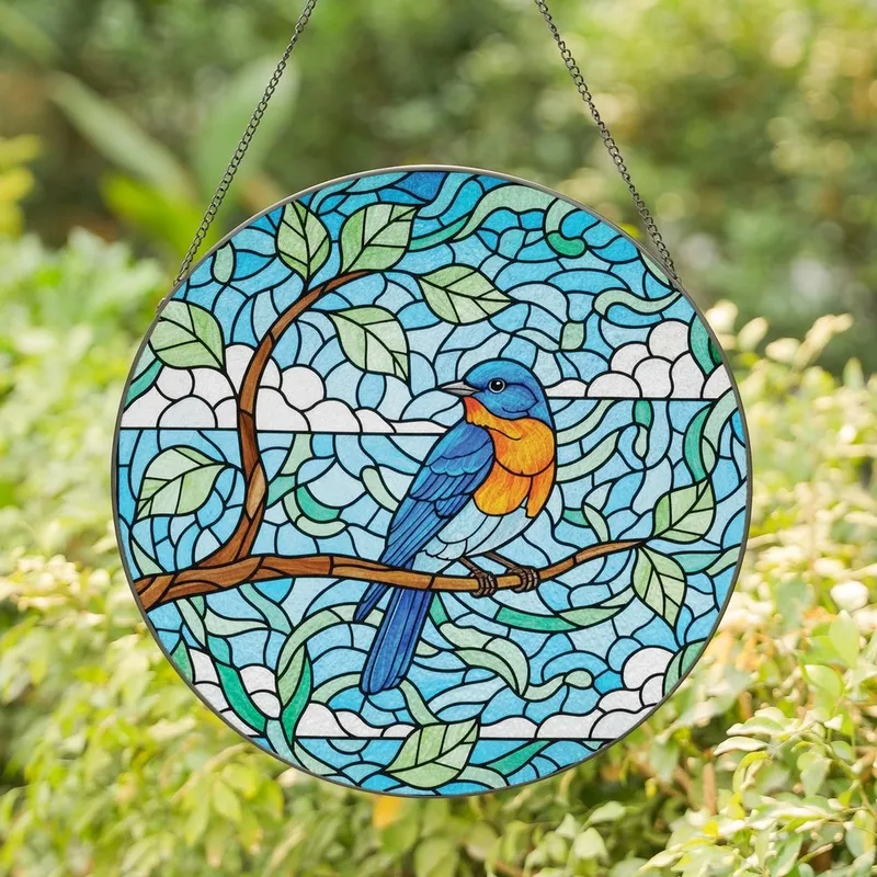 Nature Lovers' Tiffany Style Stained Glass Bluebird Jewel Tone Emerald Green Sky Blue Mosaic Stained Glass Suncatcher - 1