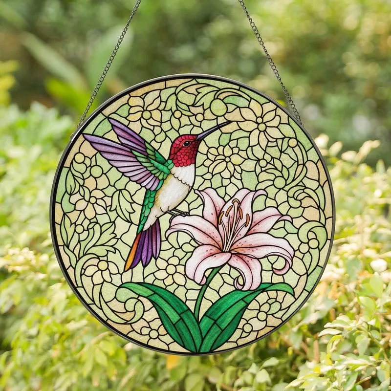 Nature Lovers' Stained Glass Hummingbird Pink Lily Magenta Green Purple Orange Jewel Tone Ethereal Garden Mosaic Stained Glass Suncatcher - 1