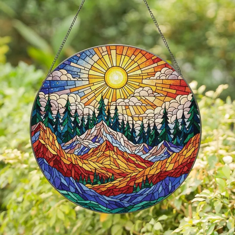 Art Lovers' Fiery Tiffany Stained Glass Sun Mountain Cosmic Sky Mosaic Stained Glass Suncatcher - 1