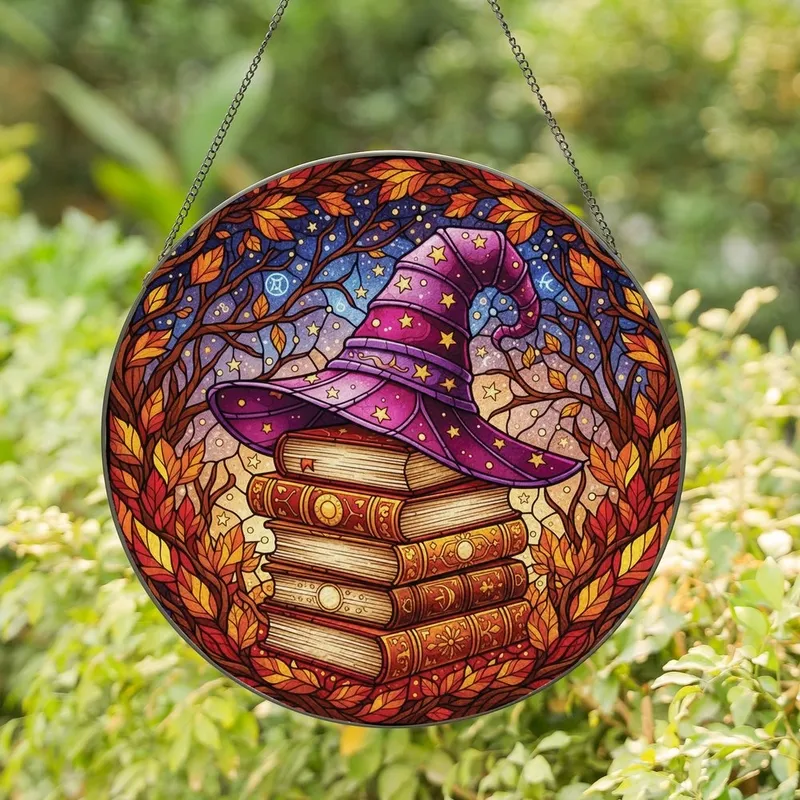Fantasy Lovers' Jewel-Toned Tiffany Style Witch Hat, Arcane Books, Twilight Autumn Mosaic Stained Glass Suncatcher - 1